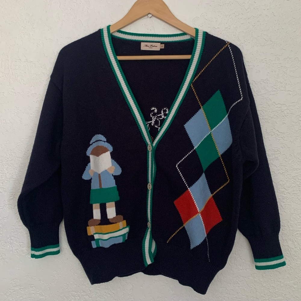 Miss Patina Russell Campus Academia Argyle Preppy Classic Cardigan Sweater - Picture 8 of 17